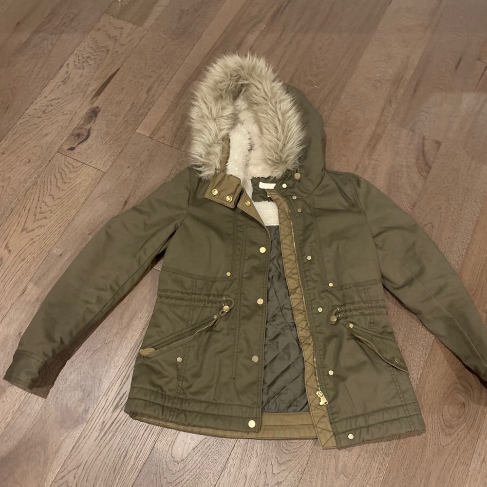 H&M Olive Utility Jacket with Faux Fur Hood